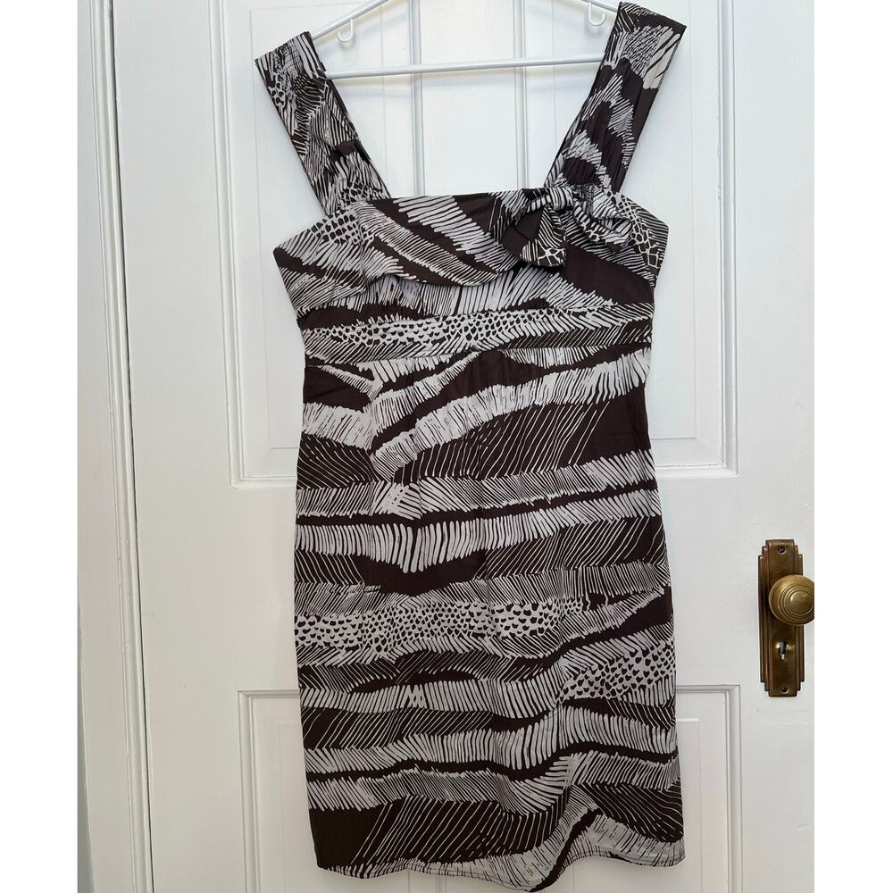 BCBG Max Azria Mini Dress Cocoa Combo Safari Print Tank Bow Brown White Womens S